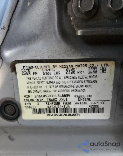 2004 Nissan Sentra 1.8 z USA, uszkodzony, nr VIN 3N1CB51D14L868834